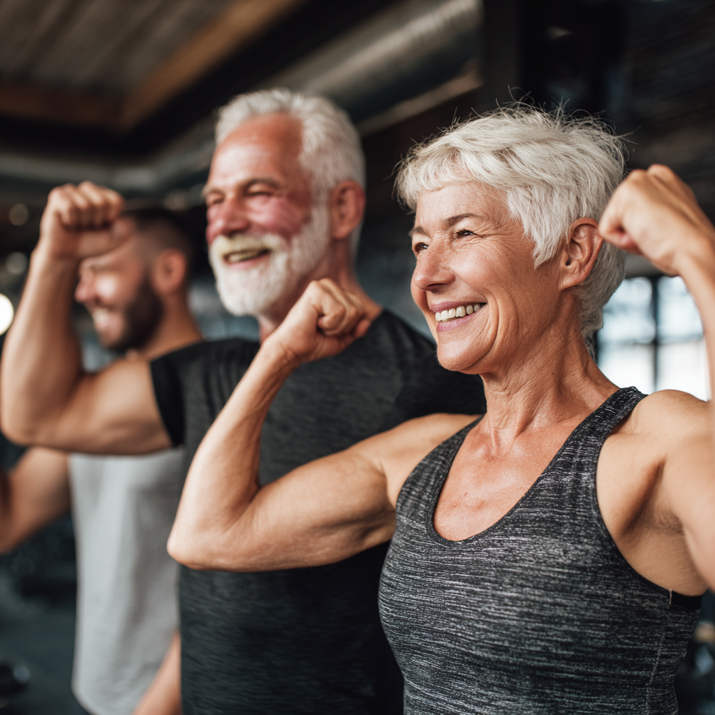 Older adults celebrating fitness achievements with their trainer